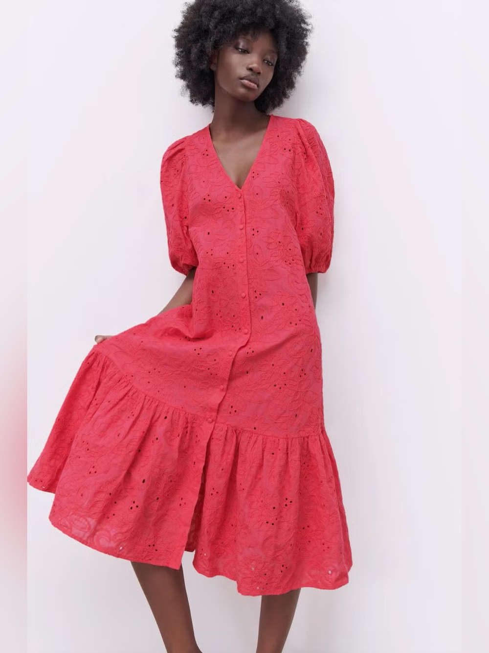 Zara Pink Eyelet Cutwork Embroidery Puff Sleeve Cottagecore Midi Dress Size XS
